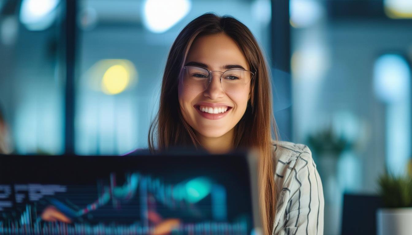 show a woman at a computer happy with the information she is using-2